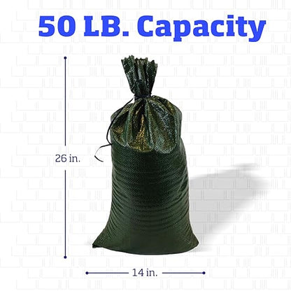DURASACK Heavy Duty Sand Bags with Tie Strings Empty Woven Polypropylene Sand-Bags for Flood Control with 1600 Hours of UV Protection, 50 lbs Capacity, 14x26 inches, Green, Pack of 10 - color: Green, size: 10 Sandbags