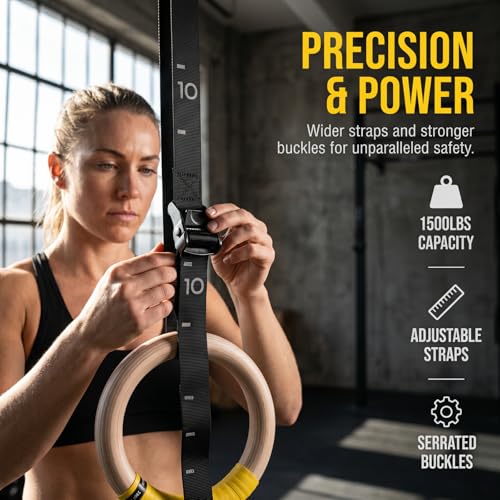 Gymnastics Ring, 32mm Wooden Olympic Gymnastics Ring, with a Digital Strap Length of 14.76FT that can be Quickly Adjusted, Suitable for Home Fitness and Strength Training Exercises
