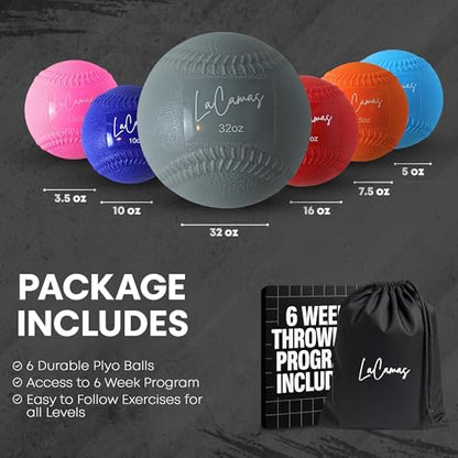 Plyometric Balls for Baseball – Weighted Throwing Set (3.5oz–32oz) with Stitched Seams – 6 Soft-Shell Balls + Carry Bag + Free 6-Week Throwing Program – Arm Care & Velocity Trainer