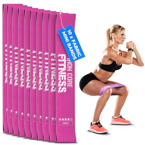 Fabric Mini Resistance Bands Sets for Trainers, Bootcamp, Gym for Men and Women in Fun Colors - Ebook, Videos and Workout Chart Included by Iron Core Fitness - color: #6 Magenta, 10 x Heavy