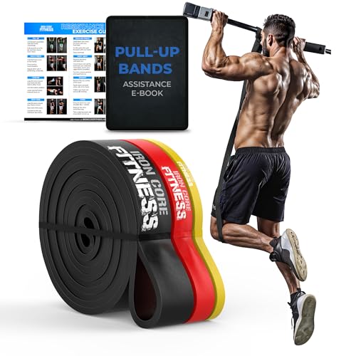Pull Up Assistance Resistance Bands - Long Loop Power Bands for Men and Women - Strength Power Flexibility Training at Home & Gym - Ebooks & Workout Chart Included by Iron Core Fitness - color: #3 Black, Red, Yellow - 3 Sets