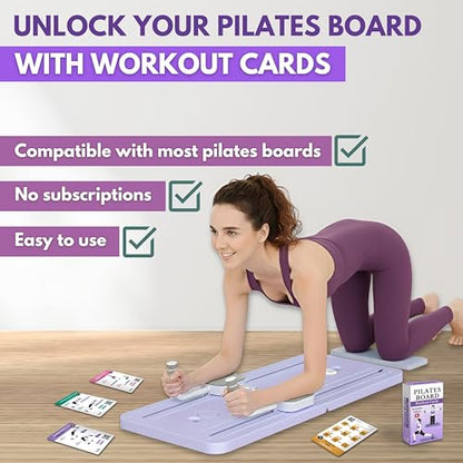 Pilates Board Workout Cards – 67 Exercise Cards with Videos & Workout Plan - Includes 5-Week Challenge, Ebook, Progress Chart & 2 Rings for Easy Organization - Home Portable Reformer Guide for Women