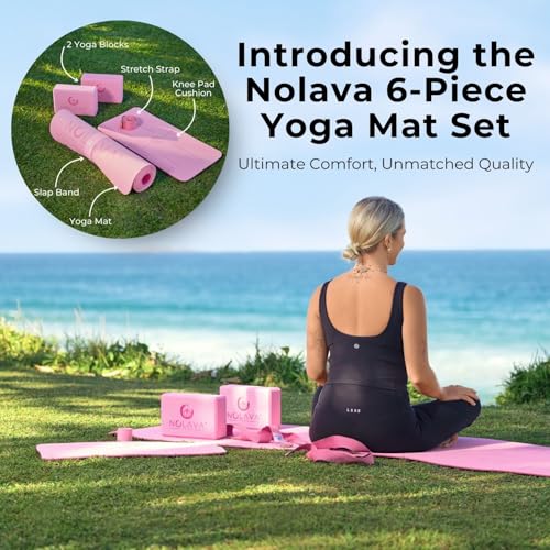 Nolava Yoga Mat with Bag – 72 x 24 inch, 1/4 inch Thick Non-Slip Mat – Includes Slap Band, Black Zippered Carry Tote with Mat Sleeve & Inner Pocket – For Yoga, Pilates, Home or Studio.