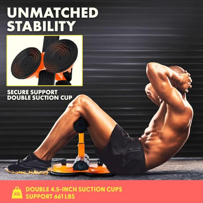 Portable Sit Up Bar Floor Holder with 2 Strong Suction Cups for Abs, Pull Up Bar, Sticky Pad, Adjustable Foot Holder for Thigh, Workout for Office Home Gym for Men and Women, Support 661 lbs