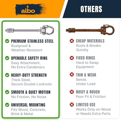 Albo 2 Pack Heavy Duty Swing Hangers – 8.7 Inch, 304 Stainless Steel, 1800 lbs Swivel Hooks for Hammock, Porch, Gym, Punching Bag, Yoga, Playground, Ceiling Mount for Wood & Concrete Indoor Outdoor - size: 8.7'' Bolt 2pcs