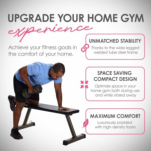 Flat Barbell Bench, Foldable Portable Padded Weight Lifting Seat, Equipment for Home Gym - Steel Frame, 300 Pound Capacity