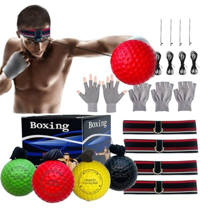 Reflex Balls Boxing Headband Set for MMA Boxing Kickboxing Training Reaction Ball Kit Includes 4 Different Levels Balls+4 Elastic Headbands+4 Spare Lines+4 Gloves for All People