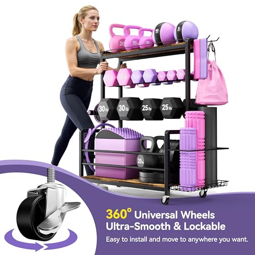Dumbbell Rack with Wheels, 3-Tier Home Gym Storage Rack, Workout Equipment Organizer with Lockable Casters, Hooks, Side Basket and Wood Shelves