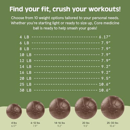 Core Weighted Medicine Ball 4, 6, 8, 10, 12, 14, 16, 20, 25, 30 lbs, Soft Touch Vegan Leather with Sturdy Grip for Strength Training, Recovery, Balance Exercises and Other Full-Body Workouts