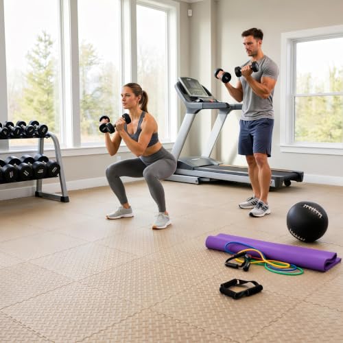 BEAUTYOVO Puzzle Exercise Mat with 12/24/48 Tiles Interlocking Foam Gym Mats, 24'' x 24'' EVA Foam Floor Tiles, Protective Flooring Mats for Gym Equipment - color: 48 Sq.ft/12 Tiles - Creamy White