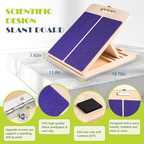 Slant Board for Calf Stretching, Adjustable Portable Wooden Incline Board for Calf Stretcher with Training Poster, 300 Lbs Weight Capacity Calf Stretch Wedge for Leg, Knees, Heel, Ankle & Stretching