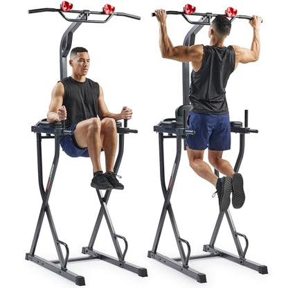 Sunny Health & Fitness Power Tower Dip Station & Pull-Up Bar, Multi-Function Strength Training Equipment with Captain’s Chair, Push-Up Bars & Core Workout for Home Gym