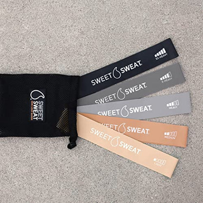 Sweet Sweat Mini Loop Resistance Bands - Set of 5 | Exercise Hip Booty Bands for Squats, Lunges, Physical Therapy, Yoga, Pilates, Rehab and Home Workout | Non-Latex Elastic Bands Includes Carry-Bag