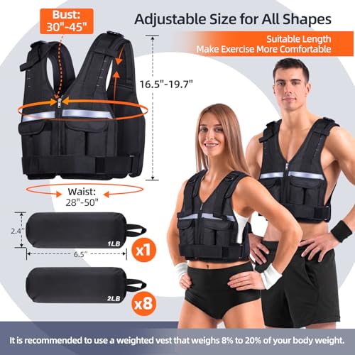 Sportneer Adjustable Weighted Vest Weights: 2-18 lbs/2-42 lbs Washable Weight Vest for Walking 16 In 1 Fast Adjust Rucking Vest for Women and Men Home Gym Running Jogging Strength Training Vests