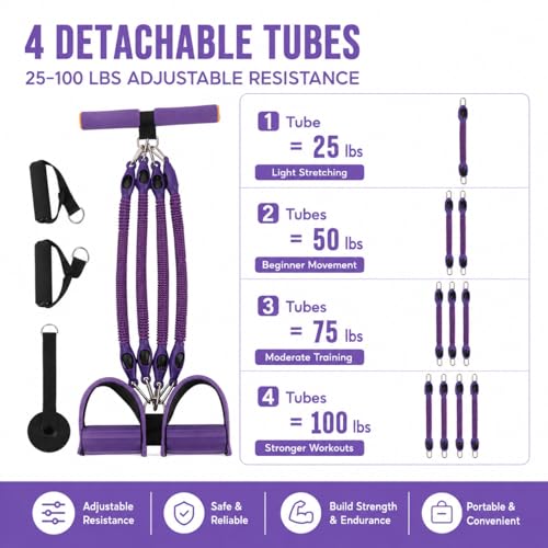 Pedal Resistance Band with Handles, 4 Detachable Tubes 25–100 lbs, Foot Pedal Exercise Band with Door Anchor, Portable Home Workout Kit for Small Spaces, Arms, Legs, Core and Stretching