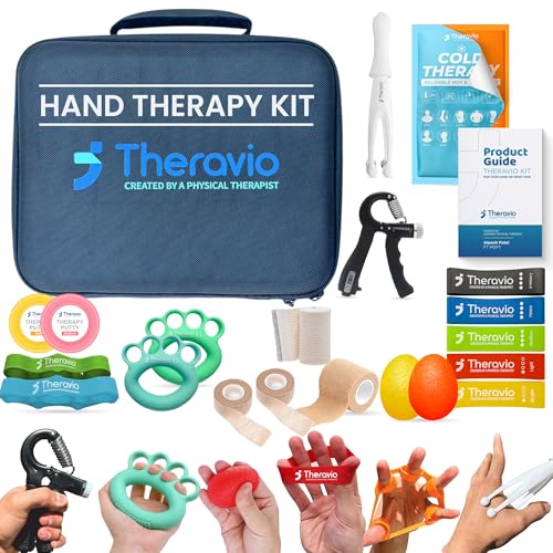 Hand Therapy Equipment for Rehabilitation and Recovery – Hand Therapy Kit with Grip Strength Trainer, Finger Strengthener & Exercise Balls for Arthritis, Carpal Tunnel and Physical Therapy by Theravio - size: Theravio Kit