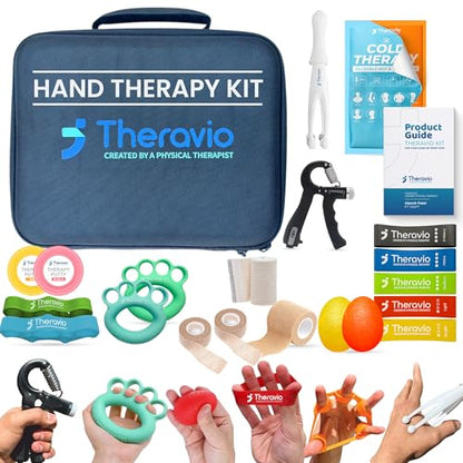 Hand Therapy Equipment for Rehabilitation and Recovery – Hand Therapy Kit with Grip Strength Trainer, Finger Strengthener & Exercise Balls for Arthritis, Carpal Tunnel and Physical Therapy by Theravio - size: Theravio Kit