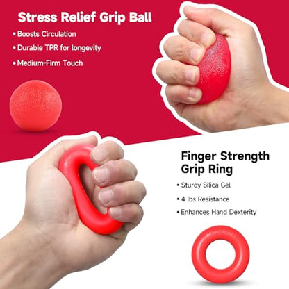 FitBeast Hand Grip Strengthener Workout Kit (5 Pack), 2 Forearm Grip Adjustable Resistance Hand Gripper, Finger Stretcher, Grip Ring & Stress Relief Grip Ball for Athletes - color: Crimson