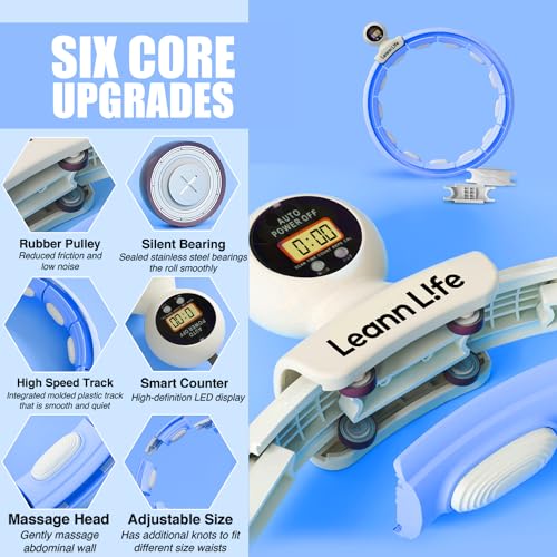 U5 Smart Weighted Hula Hoop with Counter, Waist Trimmer & Wash Bag –16 Knots, 28"–46" Adjustable Infinity Hoop Plus Size, Quiet Rubberized Wheels, Abdominal Toner - color: Blue + Waist Trimmer