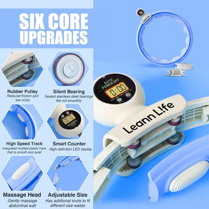 U5 Smart Weighted Hula Hoop with Counter, Waist Trimmer & Wash Bag –16 Knots, 28"–46" Adjustable Infinity Hoop Plus Size, Quiet Rubberized Wheels, Abdominal Toner - color: Blue + Waist Trimmer
