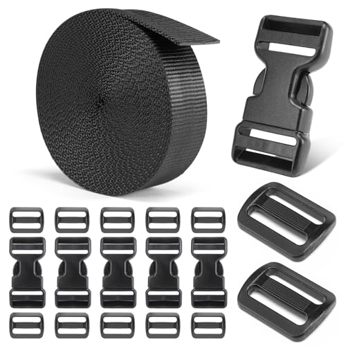 BEYOURD Heavy-Duty Buckles and Strap Set 1-1/4": 6 Yards of Thick Nylon Webbing, 6-Pack Adjustable Quick Side Release Plastic Buckles, 12 Tri-Glide Slide Clips, Black (1 1/4 Inch Combo Set) - style: 1-1/4" Combo Set