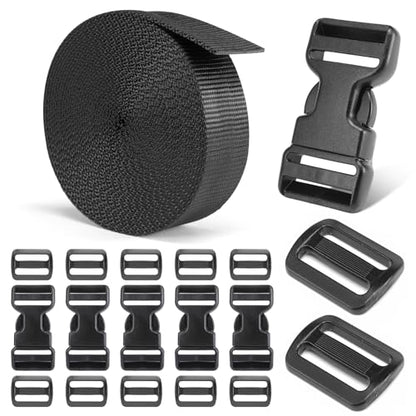 BEYOURD Heavy-Duty Buckles and Strap Set 1-1/4": 6 Yards of Thick Nylon Webbing, 6-Pack Adjustable Quick Side Release Plastic Buckles, 12 Tri-Glide Slide Clips, Black (1 1/4 Inch Combo Set) - style: 1-1/4" Combo Set