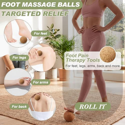 Konohan Cork Massage Balls & Toe Stretching Bands Set Includes 4 Peanut & Round Myofascial Release Balls, 2 Toe Stretching Bands and 1 Storage Bag for Plantar Fascia Relief, Foot Pain Therapy Tools
