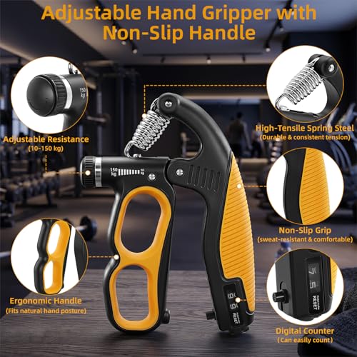 Grip Strength Trainer Adjustable 22-330 lbs, Hand Gripper Strengthener with Counter, Heavy Duty Forearm Strengthener, Wrist & Finger Exerciser, Grip Trainer for Hand Strength, Rehab & Workout, Orange