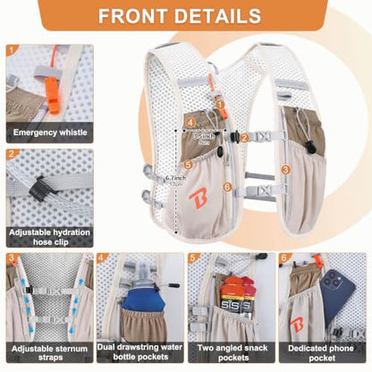 BECOJADDE Running Vest for Women Men, 5L/6L Lightweight Hydration Backpack Running Pack for Marathon, Trail, Cycling, Hiking, Jogging - color: Khaki
