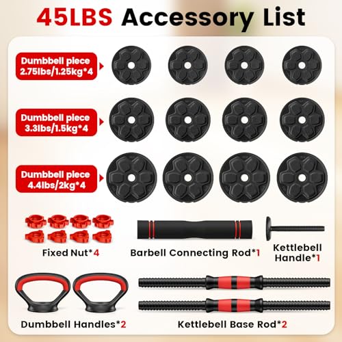 Adjustable Dumbbell Set, 20/33/45/70/90lbs Free Weight Set with Connector, 4 in1 Dumbbells Set Used as Barbell, Kettlebells, Push up Stand, Weight Set for Home Gym Suitable Men/Women - color: 45LB (22.5LB Pair)