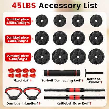 Adjustable Dumbbell Set, 20/33/45/70/90lbs Free Weight Set with Connector, 4 in1 Dumbbells Set Used as Barbell, Kettlebells, Push up Stand, Weight Set for Home Gym Suitable Men/Women - color: 45LB (22.5LB Pair)