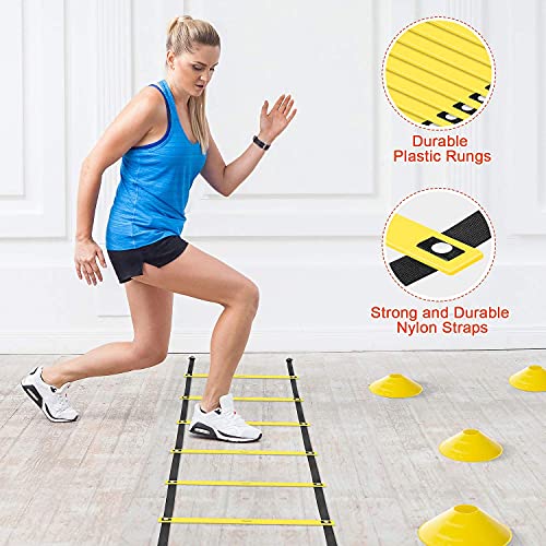 Agility Ladder Speed Training Equipment Set-20ft Agility Ladder,12 Soccer Cones,4 Hurdles, Jump Rope, Running Parachute| Basketball Football Soccer Training Equipment for Kids Youth Adults - color: yellow