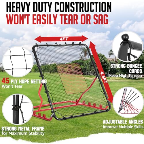 Baseball Rebounder Net, 3/5 Adjustable Angles 4x4.5FT Pitch Back Baseball Softball Volleyball Rebounder with 2 Strike Zones, UV Resistant, Pitchback Trainer for Ground, Line Drive & Fly Balls - style: 5 Angles Adjustable