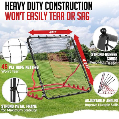 Baseball Rebounder Net, 3/5 Adjustable Angles 4x4.5FT Pitch Back Baseball Softball Volleyball Rebounder with 2 Strike Zones, UV Resistant, Pitchback Trainer for Ground, Line Drive & Fly Balls - style: 5 Angles Adjustable