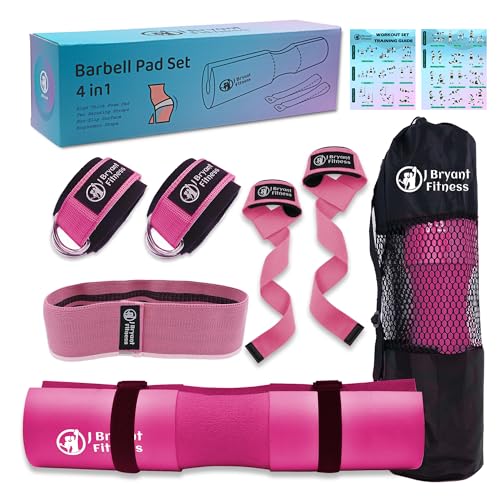 J Bryant Barbell Pad Set with 2 Ankle Straps for Cable Machines Hip Resistance Band Weight Lifting Straps Thick Cushion Hip-Thrusts Pad with Carry Bag for Squats Bench Press Workout - color: pink set