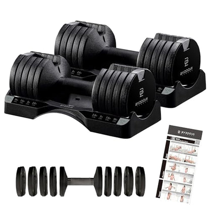 BYZOOM FITNESS Pure Series Adjustable Dumbbell - 12.5/25/27.5/50/55/75lb - ONE UNIT OR PAIR(check QTY before purchase) - 5-in-1/ 10-in-1 / 15-in-1 / 21-in-1 Flexible Hand Weights for Home Apartment Garage Gym, Strength Training & Fitness Workouts, White O