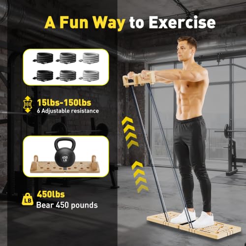 Wooden Push Up Board 30 in 1 Foldable with Resistance Bands - Thickened Pine Wood Multi-Push Up Board for Men & Women, Portable Gym/Home Workout Gear for Chest, Shoulders, Arms & Back