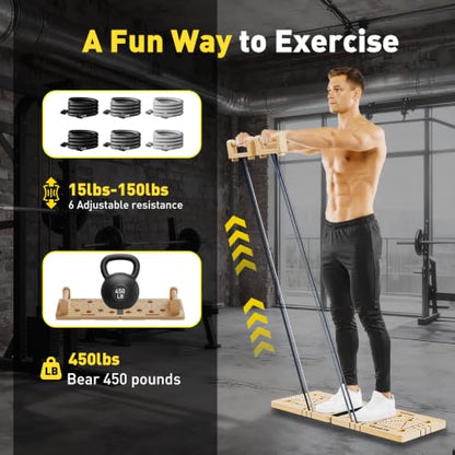 Wooden Push Up Board 30 in 1 Foldable with Resistance Bands - Thickened Pine Wood Multi-Push Up Board for Men & Women, Portable Gym/Home Workout Gear for Chest, Shoulders, Arms & Back