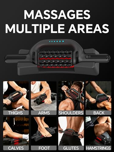 Rolling Percussive Deep Tissue Massage Roller Stick with Hands-Free Base,Rechargeable 6-Speed Massager for Muscle Recovery & Lymphatic Circulation,Ideal for Back,Arm,Leg,Calf & Foot Massage
