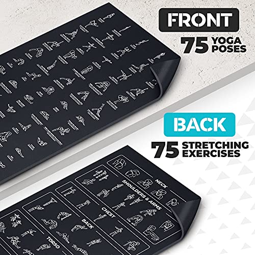 Instructional Yoga Mat with Carrying Strap: Cute Yoga Mat with 75 Illustrated Yoga Poses + 75 Easily-Followed Stretching Exercises - 1/4” Thick, Non-Toxic, Non-Slip Yoga Mats for Women and Men - color: Jet Black (72" x 32")