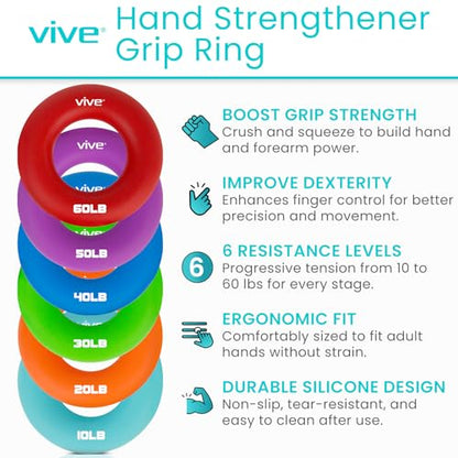 Vive Hand Strengthener Grip Ring - Forearm Ring Hand Exercisers - Silicone Squeezer Gripper for Muscle Strengthening Training Tool - Arthritis Finger Physical Therapy PT Kit Trainer - color: Multicolor (6 Pack)