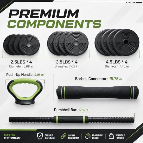 Adjustable Dumbbell Set 44LB, 4-in-1 Free Weight Set with Barbell & Kettlebell & Push-Up Handles, Compact All-in-One Home Gym for Men & Women, Anti-Slip Grip, Quiet Rubber-Coated Plates