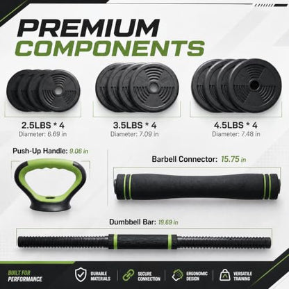 Adjustable Dumbbell Set 44LB, 4-in-1 Free Weight Set with Barbell & Kettlebell & Push-Up Handles, Compact All-in-One Home Gym for Men & Women, Anti-Slip Grip, Quiet Rubber-Coated Plates