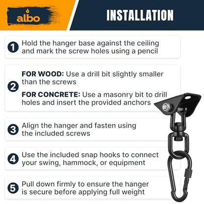 Albo 2650 LBS Ceiling Mount Swing Hanger Hook for Hammock Chair & Porch Swing, 360° Rotating Heavy Duty Bracket with Safety Carabiner, Punching Bag, Yoga Swing, TRX Strap, Garage Gym