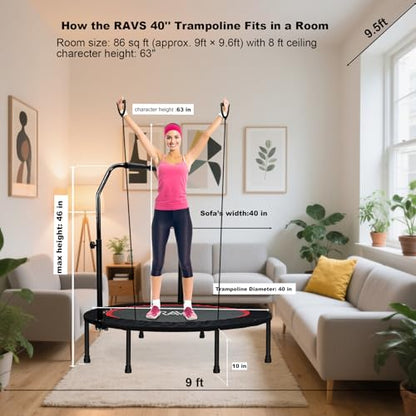RAVS Mini Trampoline for Kids Adults 40"/48" Foldable Fitness Rebounder Kids Trampoline with 5 Levels Height Adjustable Handle Resistance Bands Indoor Workout - size: 40-inch