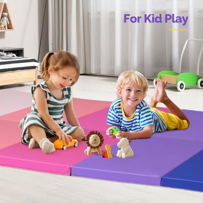 Matladin Folding Gymnastics Gym Exercise Aerobics Mat, 76"L x 30"W x 1.5"Th Folding Exercise Mat, Easy to Clean PU Leather Tumbling Mats for Stretching Yoga Cheerleading Martial Arts, Kid Play(Pink ,Blue）