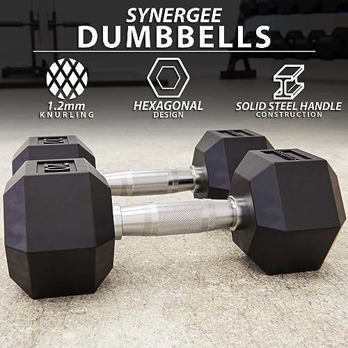 Synergee Rubber Encased Hex Dumbbells with Chrome Handle. All Purpose Weights for Strength & Conditioning Training. Available Size From 2.5 lbs to 50 lbs.