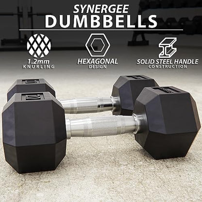 Synergee Rubber Encased Hex Dumbbells with Chrome Handle. All Purpose Weights for Strength & Conditioning Training. Available Size From 2.5 lbs to 50 lbs.
