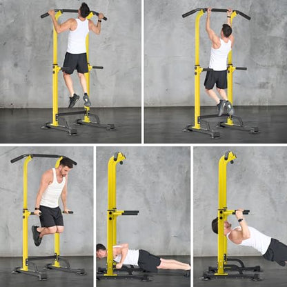 Dland Power Tower Pull Up Bar Dip Station and Height Adjustable Dip Bar Stand, Multi-Function Home Gym Exercise Equipment Strength Training Fitness Workout Station - color: Yellow