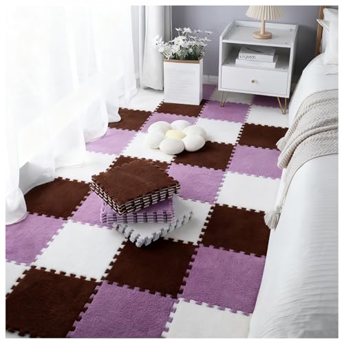12 Pieces Thickened Plush Foam Interlocking Floor Mat,Fluffy Square Foam Tiles with 12 Edgings,Soft Anti-Slip Puzzle Area Rug Playmat for Bedroom,12X12inch,12 Tiles/11.6 Sq.Ft,Coffee+g Purple+White - color: Coffee+g Purple+white